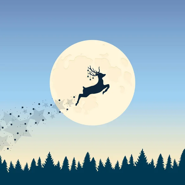 Rena voadora mágica pelo projeto de Natal lua cheia —  Vetores de Stock