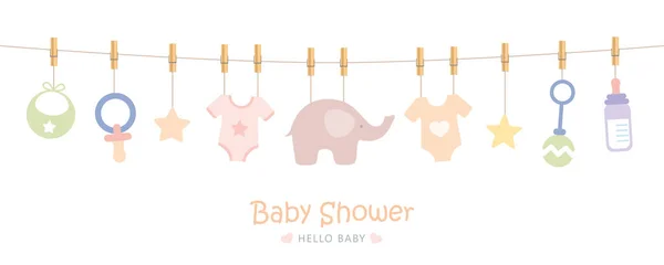 Baby shower welcome greeting card for childbirth with hanging utensils — Stock Vector