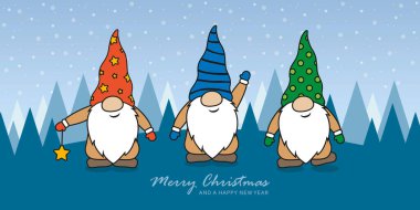 Noel tebrik kartı ile şirin noel cücesi ve karlı manzara