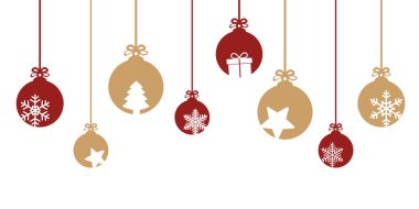 Kar taneleri, yıldızlar ve hediyelerle süslü Noel süslemeleri.