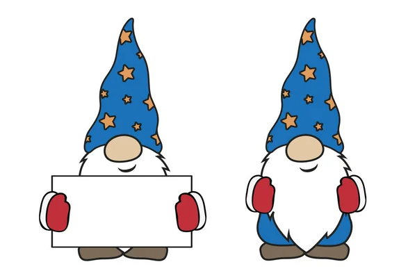 Gnomes mignons de Noël avec des vêtements rouges et bleus et carte blanche — Image vectorielle
