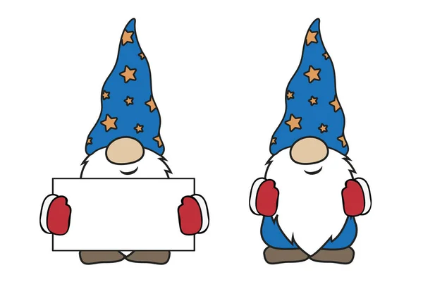 Gnomos lindo de Navidad con ropa roja y azul y tarjeta en blanco — Archivo Imágenes Vectoriales