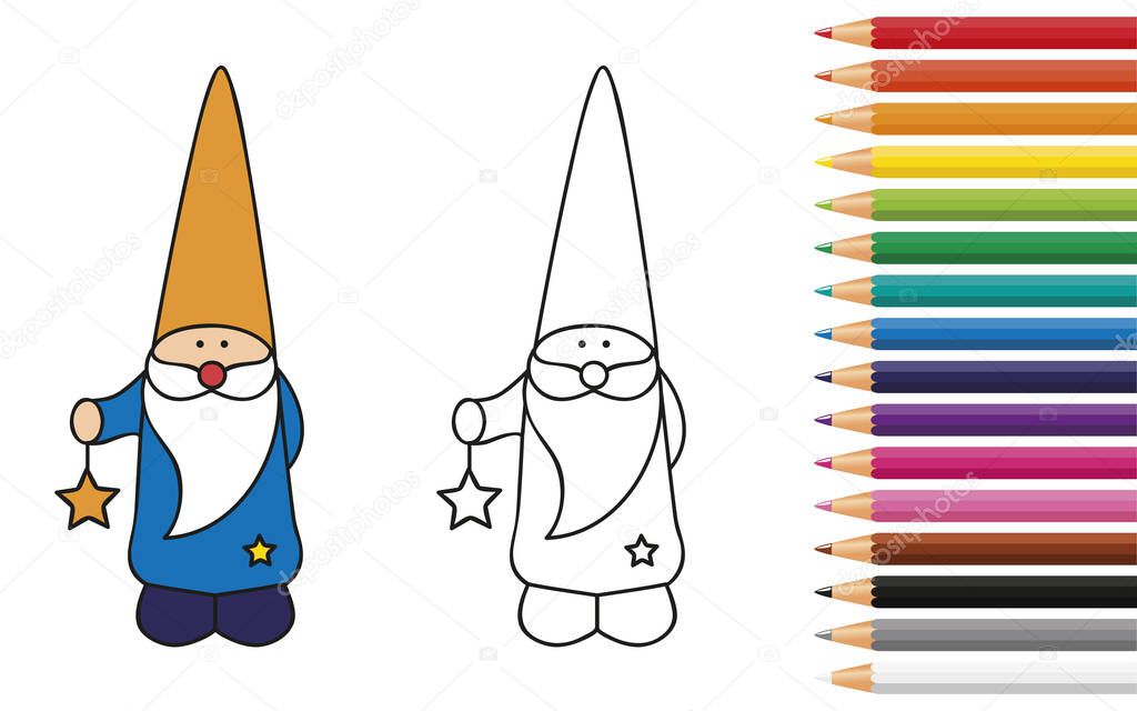 cute dwarf for coloring book with pencils