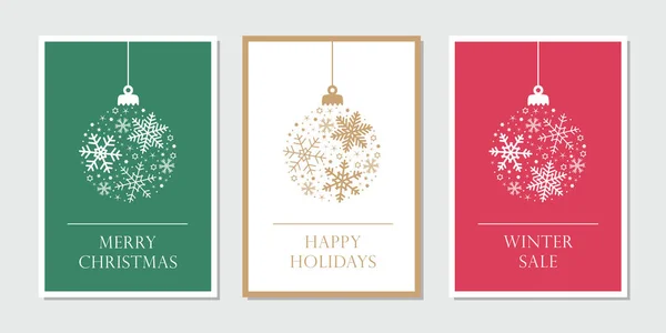 Weihnachtskarte Set mit Aufhängekugel dekoriert mit Schneeflocken — Stockvektor