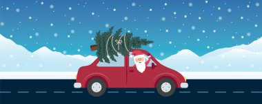 Karlı kış manzarası illüstrasyonunda kırmızı araba ve Noel ağacı olan Noel Baba sürücüsü