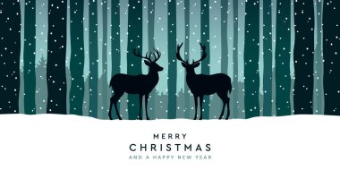 Orman vektörü illüstrasyonunda geyikle Noel Kış Sınırı