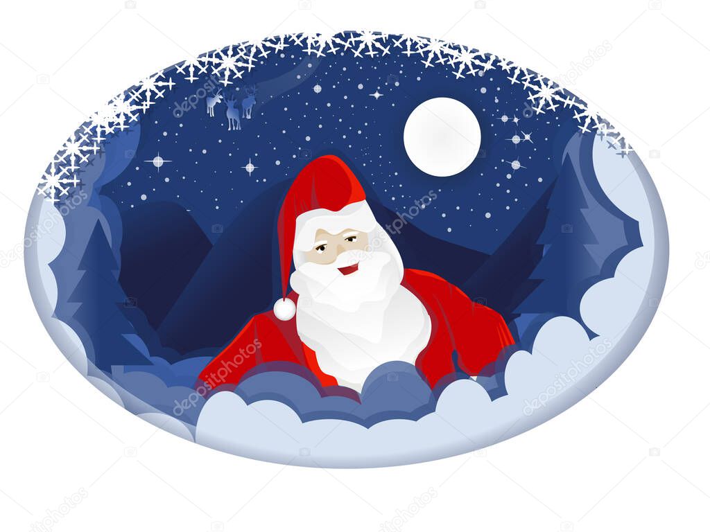 Winter Christmas composition in paper cut style,Nature on night sky with snowflake and smile of Santa Claus ,Vector illustration design.