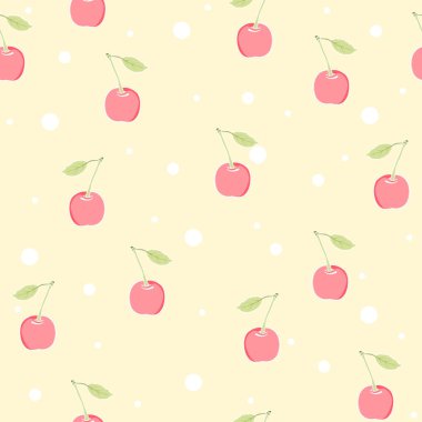 Kiraz ve toplar pürüzsüz desen. Soyut vektör sarı arkaplan. Meyve dokusunun grafiksel tasarımı. Görüntü EPS10.