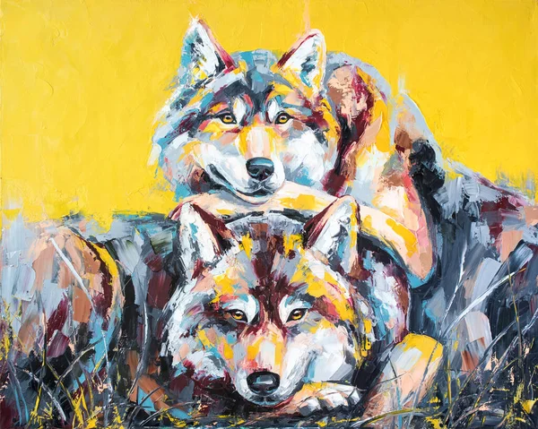 Pintura de retrato de lobo al óleo en tonos multicolores. —  Fotos de Stock