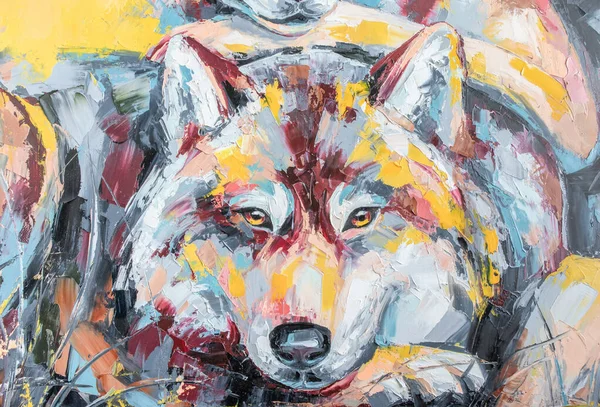 Pintura de retrato de lobo al óleo en tonos multicolores. —  Fotos de Stock