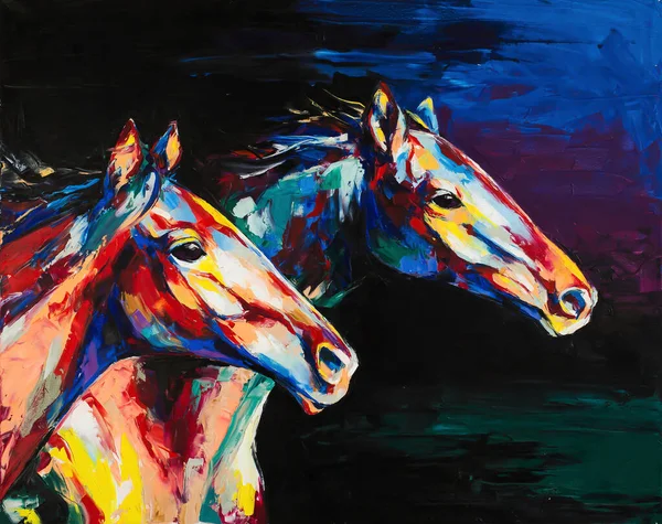 Oil horse portrait painting in multicolored tones. Conceptual abstract painting of a horses. — Stock Photo, Image