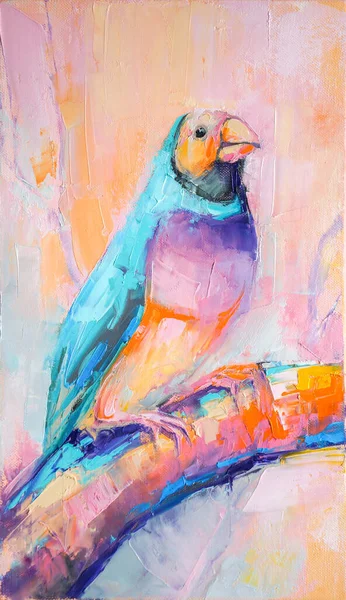 Oil bird portrait painting in multicolored tones. Conceptual abstract painting of a bird. Closeup of a painting by oil and palette knife on canvas. — Stock Photo, Image