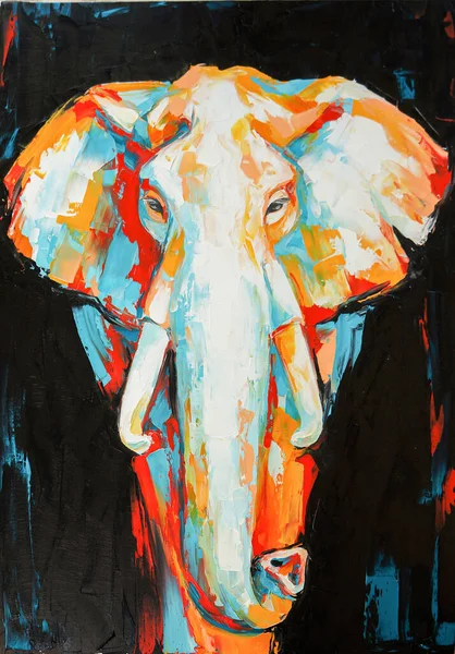 Olio elefante ritratto dipinto in toni multicolori. Pittura astratta concettuale di un elefante sullo sfondo nero su tela. — Foto Stock