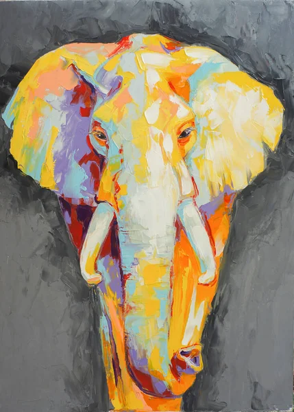 Pintura de retrato de elefante a óleo em tons multicoloridos. Pintura abstrata conceitual de um elefante sobre o fundo preto sobre tela. — Fotografia de Stock