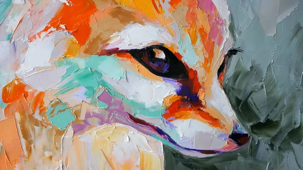 Oil fox portrait painting in multicolored tones. Conceptual abstract painting fennec muzzle. Closeup of a painting oil and palette knife on canvas.