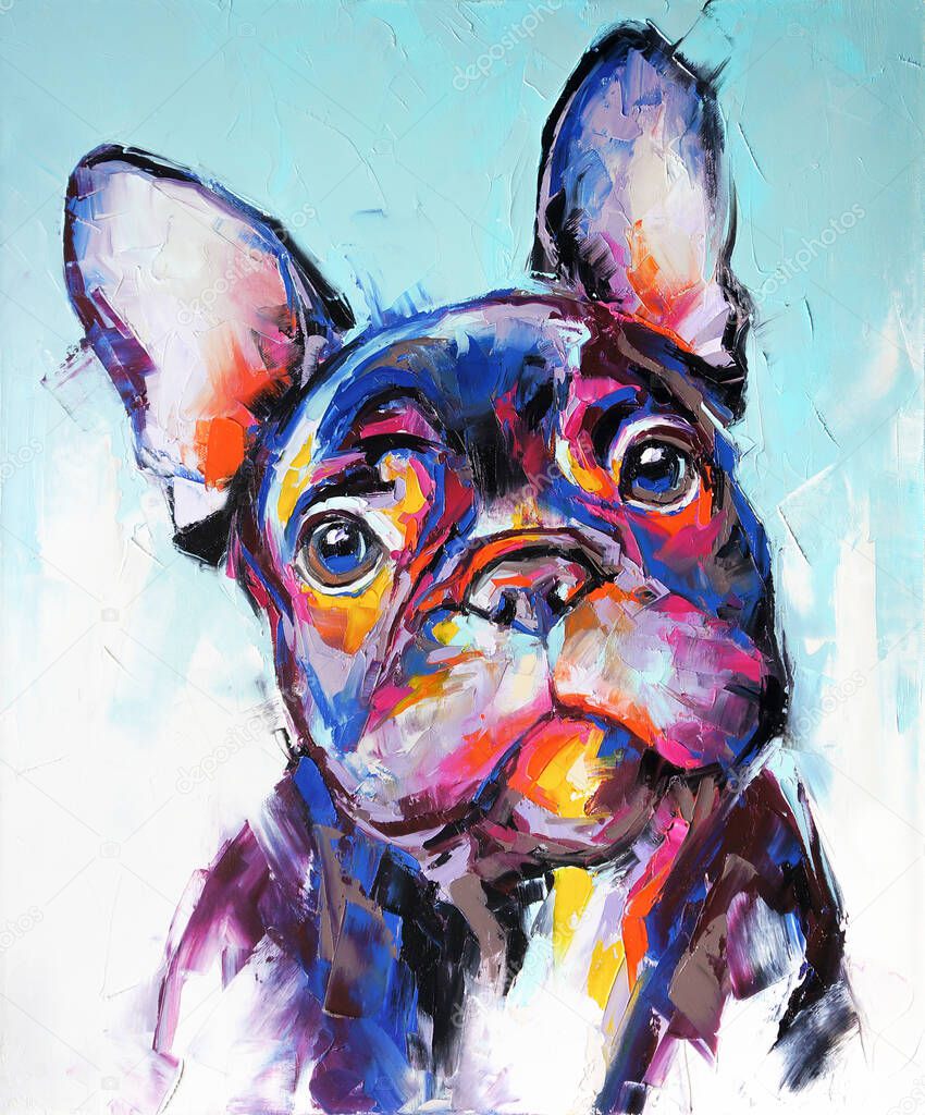 Oil dog portrait painting in multicolored tones. Conceptual abstract painting french bulldog muzzle. Closeup painting oil and palette knife on canvas.