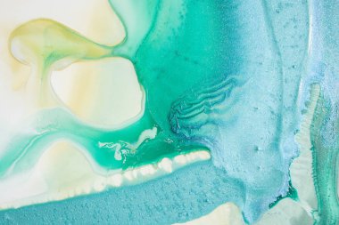 Soyut akrilik resim. Mermer mavisi soyut arkaplan. Sıvı mermer deseni. Karışık mavi ve yeşil boyalarla el boyası arka plan. Modern sanat.