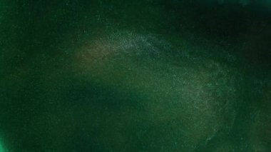 Dalgalanan parıltılı yüzey. Akan Altın soyut zemin. Güzel metalik yeşil desenli boya yakın plan. Sıvı ağır çekim sanatı. Renkli Kaos Türbülansı. 