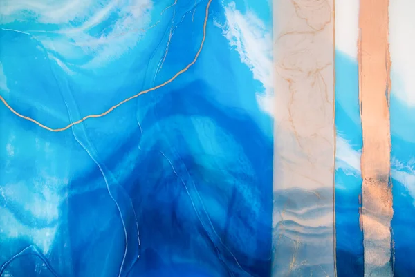 Part of original resin art, epoxy resin painting. Fluid art for modern banners, ethereal graphic design. Abstract ethereal gold, bronze, blue and white swirl. Marble texture.