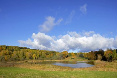 Geniş Sonbahar manzarası Orman Tepeleri ve Sessiz Göl Geniş Mavi Gökyüzü Altında