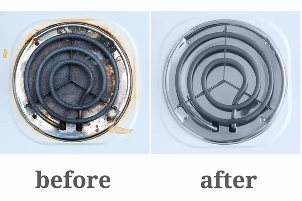 Kirli mutfak sobası ve yakın plan temizlik. Fotoğraflar önce ve sonra.