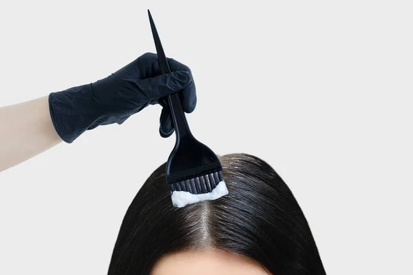 Dyeing Gray Hair Brush Hand Paint Dyes Black Hair White — Stock Photo, Image