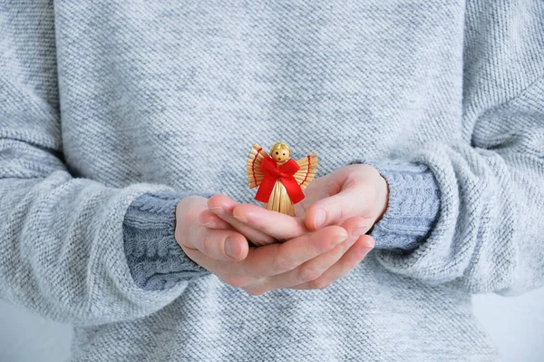 Straw Angel Hands Caucasian Woman Close — Stock Photo, Image