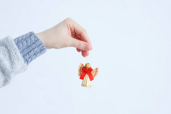 Straw Angel Hanging Hand Caucasian Woman White Background — Stock Photo, Image