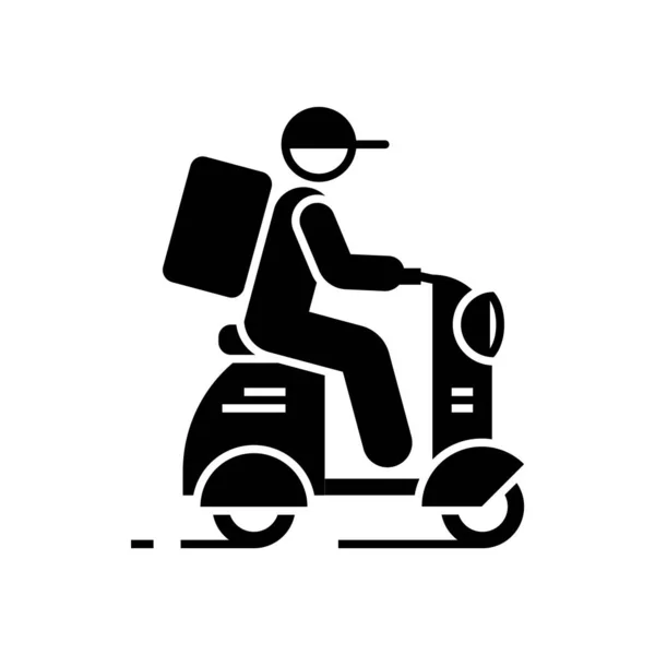 Leverancier op scooter zwart pictogram op witte achtergrond — Stockvector