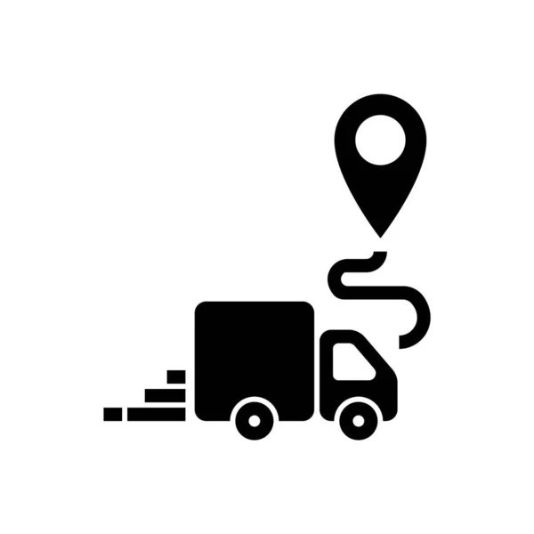 Levering vrachtwagen naar bestemming plaats zwart pictogram — Stockvector