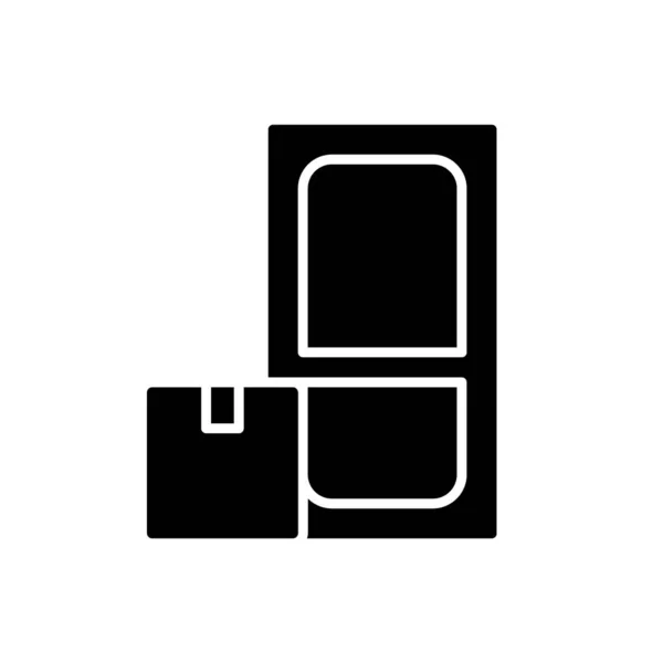 Levering pakket aan de deur zwart pictogram op witte achtergrond — Stockvector