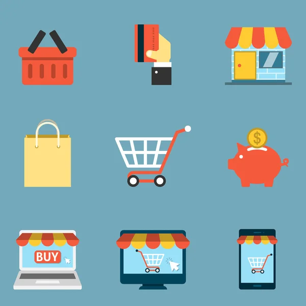Online alışveriş simgeleri düz — Stok Vektör