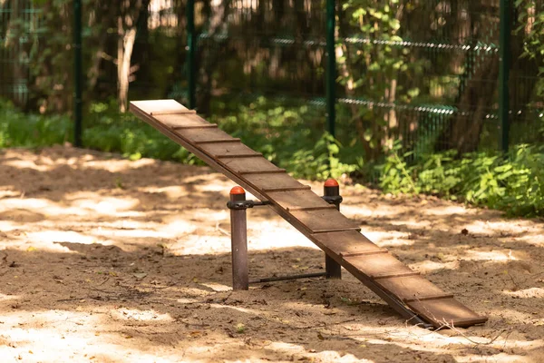Ormandaki Köpek Parkı Ağaçların Arasında Çeşitli Köpek Eğitim Makineleri — Stok fotoğraf