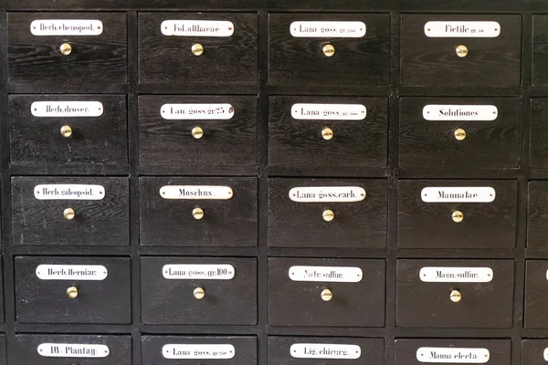 Small boxes in an old drugstore. Drawers with the designation of medicines.