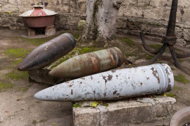 Various shells of the ship's guns. Large-caliber shells for the main guns of ships of the 40s.