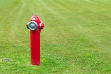 Bahçedeki kırmızı yangın musluğu. Düzleştirilmiş çimen üzerinde modern yüksek yangın musluğu.