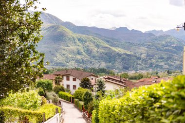Ortaçağ 'ın Barga şehrinde bir sokak. Bin yıllık bir şehirde eski evler var. Toskana 'da bir İtalyan kasabasında bahar. Barga 'da çok yeşil ve düzensiz bir cadde..