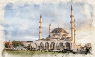 Ankara, Türkiye 'deki Yeni Melike Hatun Camii, başkent Genclik Parkı' na yakın, suluboya resim tarzında.