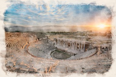 Pamukkale, Türkiye 'deki Roma kenti Hierapolis' in antik tiyatrosu. Site Denizli kenti yakınlarındaki UNESCO Dünya Mirası 'na ait. Suluboya biçimi illüstrasyonu