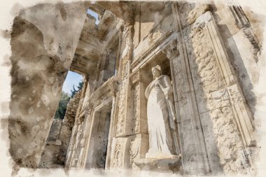 Celsus Kütüphanesi ve antik Efes kentinde bulunan heykel, Selçuk İzmir, Türkiye suluboya resim tarzında. Tiberius 'un onuruna Ionia kıyısındaki antik Roma binası. Efes