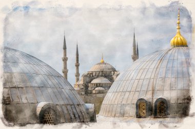 İstanbul Sultanahmet Meydanı 'ndaki Mavi Cami veya Sultan Ahmet Camii. Suluboya biçimi illüstrasyonu