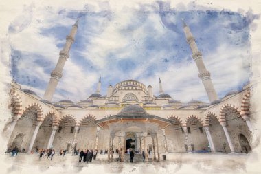 Camlica Camii. Yeni cami ve İstanbul, Türkiye 'deki en büyük cami. Güzel Buyuk Camlica Tepesi tepesinde. Suluboya biçimi illüstrasyonu