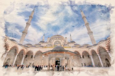 Camlica Mosque. The new mosque and the biggest in Istanbul, Turkey. Located on the beautiful Buyuk Camlica Tepesi hill. Watercolor style illustration clipart