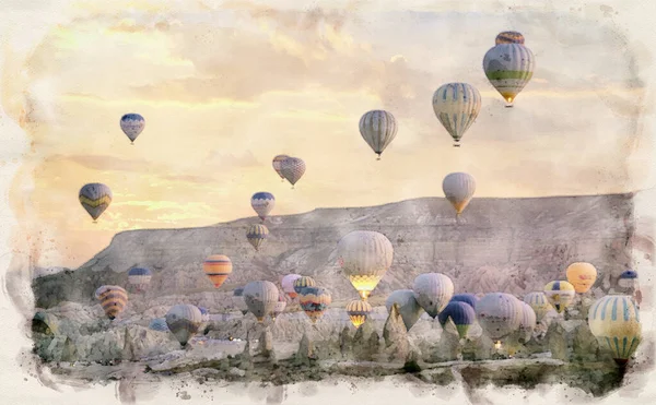 ゴレメ国立公園の美しいシーン 日の出に空を飛ぶ何百ものカラフルな熱気球 カッパドキア渓谷の信じられないほどの岩の形成 トルコの水彩画のスケッチ絵画 — ストック写真