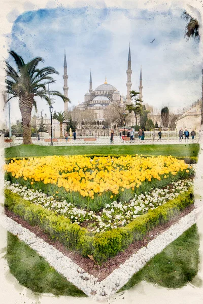トルコのイスタンブールにあるスルタンアフメット広場にあるブルーモスクまたはスルタンアフメット カミイ 水彩画風イラスト — ストック写真