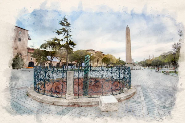 Ormkolonnen Och Den Forntida Egyptiska Obelisken Theodosius Istanbul Turkiet Illustration — Stockfoto