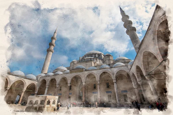 トルコのイスタンブールにあるオスマン帝国のモスク Suleymaniyeモスク 水彩画風イラスト — ストック写真