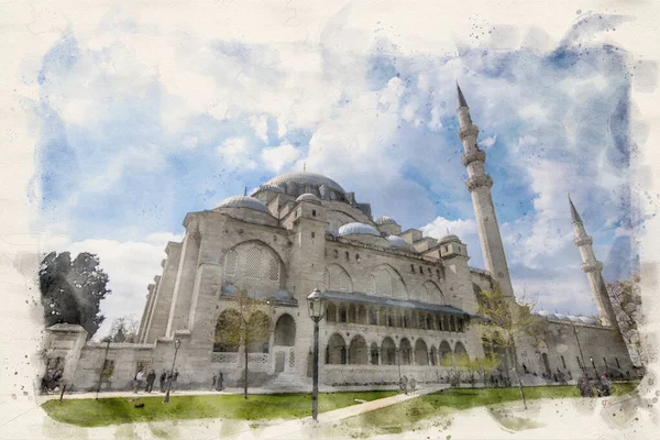トルコのイスタンブールにあるオスマン帝国のモスク Suleymaniyeモスク 水彩画風イラスト — ストック写真