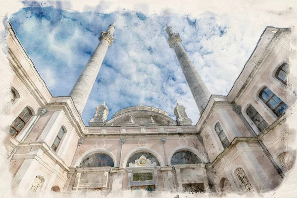 土耳其伊斯坦布尔的Ortakoy清真寺 水彩画 — 图库照片