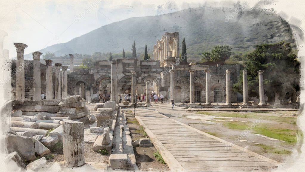 Library of Celsus and sculpture in the ancient city of Ephesus, Selcuk Izmir, Turkey in watercolor illustration style. Ancient Roman building on the coast of Ionia in honour of Tiberius. Efes